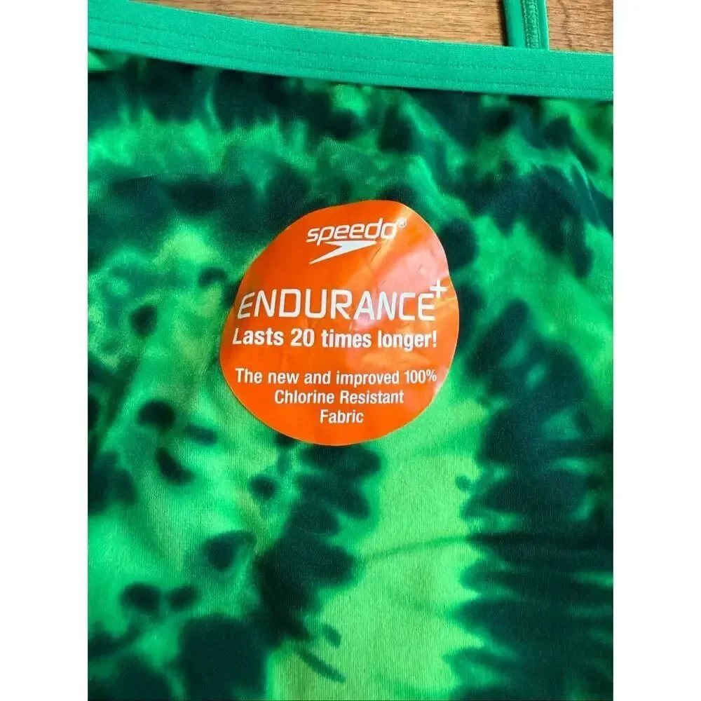 Speedo Youth Endurance+ Tie Dye Open Back One Piece Swimsuit Green Sz 40 NWOT